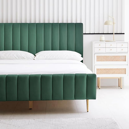 Livinia Queen Size Elton Velvet Platform Bed, Upholstered Bed Frame with Vertical Channel Tufted Headboard Footboard, Strong Wood Slats, No Box Spring Needed, Green (Queen)