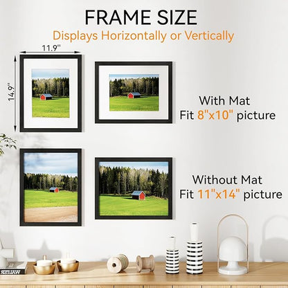 IBUYKE 11 x14 Picture Frame,Solid Oak Wood 11x14 Photo Frame with Mat to 8x10,11x14 Picture Frames With Tempered Glass,Wall Mount Display,Home Decor,Black Oak 14 x 11 Frame,UWPF1114B