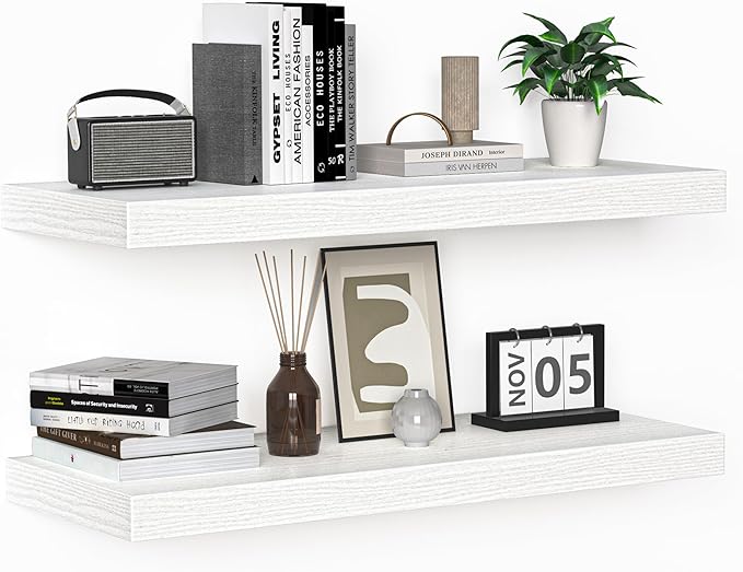 Floating Shelves - 24 Inch Rustic Wooden Wall Shelves - Extra Deeper & Thicker Wall Mounted Storage Shelf for Living Room, Kitchen, Farmhouse - 24" W x 9" D x 1.6" H - Rustic White, 2 Pack