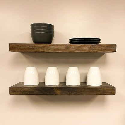 URBANDI, Rustic Floating Shelves, Set of 2, Hidden Bracket, Solid Wood, Heavy Duty, Wall Mounted Shelves, (Dark Brown, 48Wx10D)