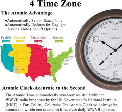CLXEAST 18 Inch Illuminated Outdoor Indoor Atomic Analog Wall Clock with Temperature & Humidity, Lighted Outdoor Clocks for Patio Large Waterproof with Thermometer,Bronze Finish,House Warming Gifts