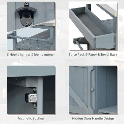 Outdoor Solid Wood Grill Table with Stainless Steel Top, Farmhouse Kitchen Island with Storage Cabinet, Outdoor Bar Cart with Internal Storage Rack, Spice & Towel Rack, Grey Blue