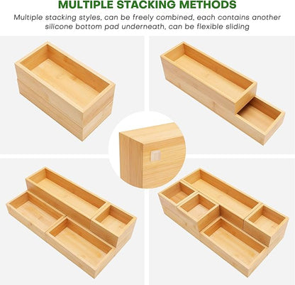 Bamboo Drawer Organizer Set, 9 PCS Multi-Use Individual Wood Storage Organizers, Junk Drawer Divider and Storage Trays Containers for Kitchen, Bathroom, Office Desk, Makeup, Jewelry, Utensils