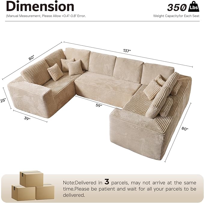 ovios Sectional Cloud Couch for Living Room, Modular Floor Sofa with Plush Corduroy, No Assembly Required, Big Comfy Couches Set with Fluffy Memory Foam, Stupendous U Shaped Sofas with Chaise, Grey