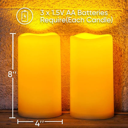 Homemory 8" x 4" Large Waterproof Outdoor Flameless Candles with Remote Control and Timer, Battery Operated Flickering LED Pillar Candles for Indoor Outdoor Lanterns, Porch, Long Lasting, Set of 2