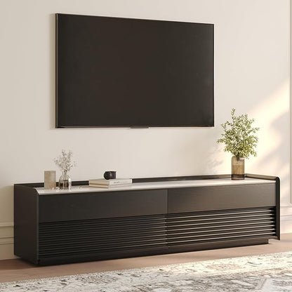 POVISON Fully-Assembled Mid Century Glossy Sintered Stone TV Stand, 70.87" Wood Media Console with Adjustable LED Light, Entertainment Center with Storage for Living Room