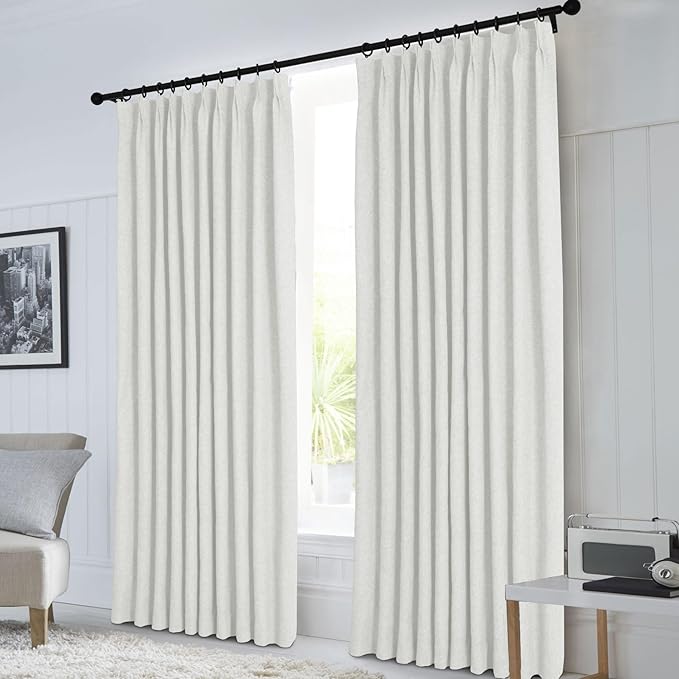 Macochico Pinch Pleated Blackout Linen Curtains 96 Inches Long 100% Light Blocking Burlap Curtains for Bedroom Living Room Thermal Window Panels with Tieback 72”Wx96”L Greyish White 1 Panel