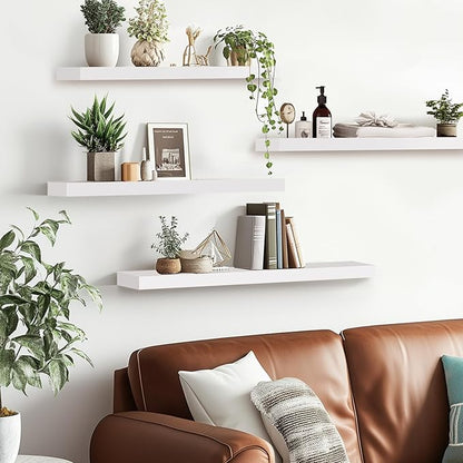 Floating Wall Shelves 4-Pack - Rustic White 16-inch Wooden Wall Shelves for Storage and Décor, Multi-Functional and Easy to Install for Living Room, Bedroom, and Kitchen