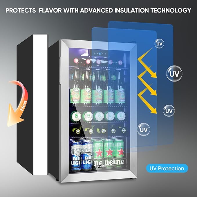 120 Can Beverage Refrigerator – Mini Fridge with Glass Door for Soda Beer or Wine, Beverage Cooler for Bedroom, Office, Bar with Adjustable Shelves & Digital Temperature Display, Silver