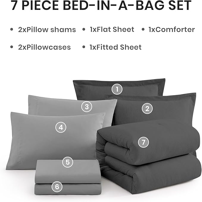Monbix California King Comforter Set - 7 Pieces Cationic Dyeing Dark Grey Bed in a Bag Cal King Bed Sets with Comforter, Sheets, Pillowcases & Shams, Reversible Bedding Comforters Sets (108 * 92)