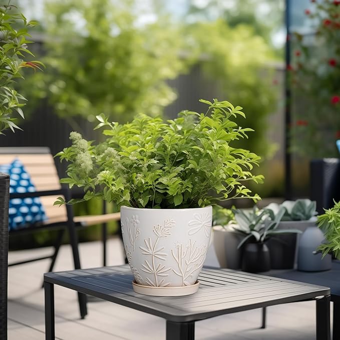 6.9 Inch Ceramic Plant Pot for Indoor Plants Outdoor Round Planter Flower Pot with Drainage Hole and Saucer for Home Garden Office Decor White