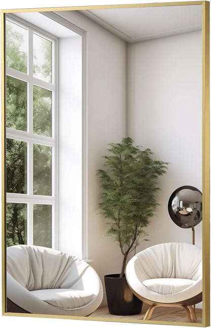FARMER 26x38 Inch Gold Bathroom Mirror, Rectangle Wall Mounted Mirror, Vanity Mirror, Brushed Square Mirror, Framed Bathroom Mirror for Bedrooms, Entryways, Living Rooms, Horizontal/Vertical
