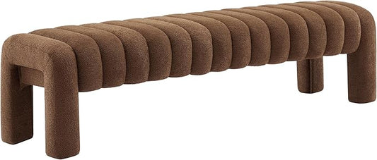 63" Bedroom Bench, Upholstered Entryway Bench, Modern End of Bed Ottoman with Solid Wood Legs and Adjustable Foot Pegs for Entryway, Dining Room and Living Room (Brown Boucle)