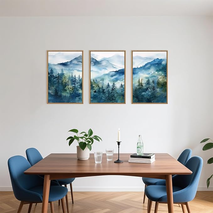 Celestdeco Blue Ridge Mountains Forest Framed Canvas Wall Art Set, Natural Landscape Wall Decor, Green Pine Trees Wall Painting, Woodland Artworks for Living Room, Bedroom, Dining Room - 16"x24"x3