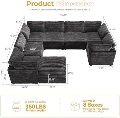 HOOOWOOO Modular Sectional Sofa,8 Pieces Sectional Couches for Living Room,131X98 G Shaped Cloud Couch with Ottoman Chaise Set(Gray Velvet Corduroy)