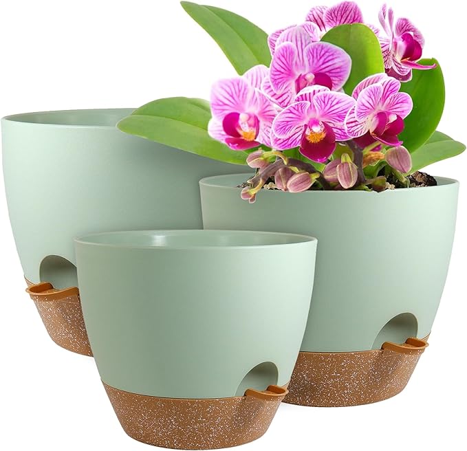 Big Self Watering Pots 12/10/9 inch, Planter, Plant Pots with Mesh Drainage Holes for Indoor Outdoor Garden Plants, Plastic Flower Pots with Removable Deep Reservoir, Green with Brown