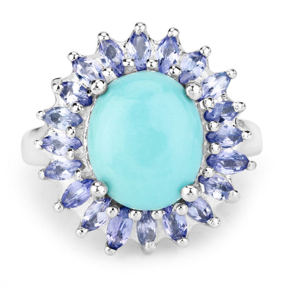 6.10 Carat Genuine Larimar and Tanzanite .925 Sterling Silver Ring
