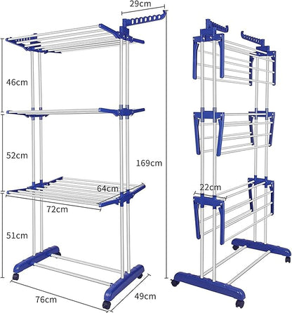Bigzzia Clothes Drying Rack, Folding Stainless Steel Drying Rack Clothing Indoor Outdoor, Space-Saving, 4 Tier Laundry Drying Rack with Two Side Wings Grey Blue