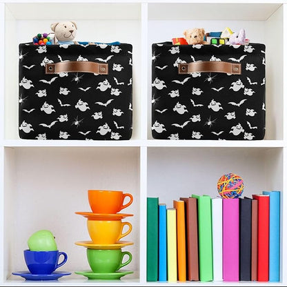 Storage Basket Bin Halloween Ghost and Bat Organizer Basket Collapsible Shelf Basket Cube with handle for Nursery Bedroom Bathroom (white 26)