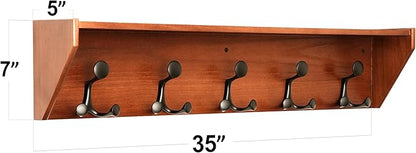 SKOLOO Wall Shelf with Hooks, 35-Inch Cherry Coat Rack Wall Mount with Shelf Organizer - Lightweight & Sturdy, 5 Tri Hooks - Perfect for Entryway, Hallway, Living Room, Bedroom, Mudroom