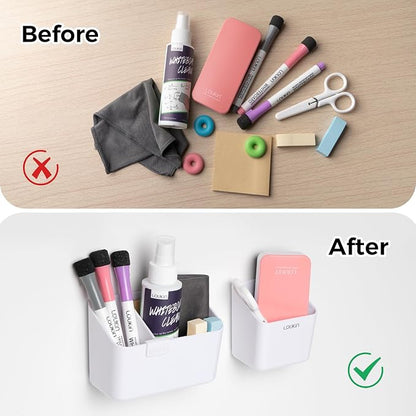 loukin Magnetic & Adhesive Dry Erase Marker Holder with Diver, 1 Small + 1 Mini, Magnetic Storage Organizer for Whiteboard or Refrigerators (White)