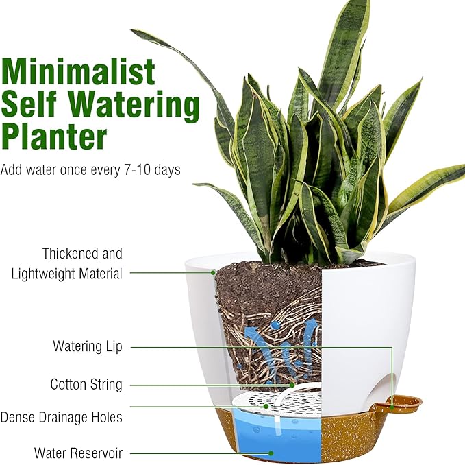 12/10/9 inch Large Self Watering Pots, Plant Pots with Mesh Drainage Holes for Indoor Outdoor Garden Plants, Flower Pots with Deep Reservoir, 3 Pack Plastic Planters, White with Brown