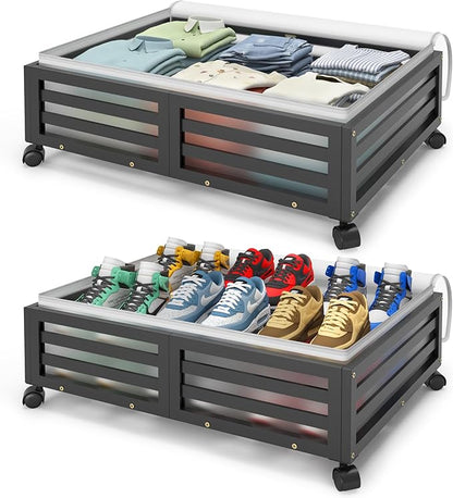 Under Bed Storage Containers With Wheels - 2 Pcs Bamboo Wood Rolling Underbed Shoe Storage Bins With Dust Bags for Clothes Blankets, Duvet Covers Snacks Toys (Black)