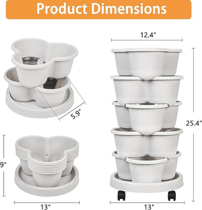VECELO 5 Tier Vertical Garden Planter, Self Watering Stackable Planters with Wheels for Strawberries, Herbs, Flowers, Vegetables, Gray