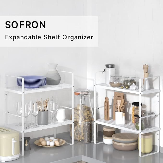 Expandable Cabinet Storage Shelf Stackable Organizer Rack for Kitchen Bathroom Pantry Spice Cupboard Coffee Countertop Home Office Desk Heavy Duty Nonslip White Small 1 Pack