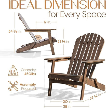 IDZO Outdoor Wooden Folding Adirondack Chair Set of 2 with Pre-Assembled BackRest, Wood Patio Chair for Garden Backyard Porch Pool Deck Firepit