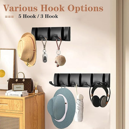 Folding Coat Hooks, Wall Mounted Coat Rack with 5 Retractable Hooks, Heavy Duty Towel Rack for Bathroom Wall Hook for Hanging Clothes Bathrobe, Stainless Steel Coat Hanger for Entryway(Black)