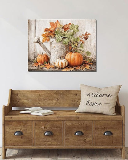 Autumn Pumpkin and Watering Can Canvas Wall Art, Rustic Fall Leaves Print Farmhouse Picture for Thanksgiving Decorations, Fall Wall Art Decor Ready to Hang