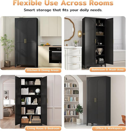 70.87" H Metal Kitchen Pantry Cabinet, Freestanding Cupboard with 2 Doors and 4 Adjustable Shelves, Tall Metal Storage Cabinet for Kitchen, Bathroom, Dinning Room or Laundry Room （Black）