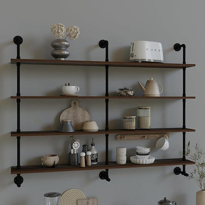 Industrial Pipe Wall Shelves Pipe Shelving with Real Wood Plank,60 Inches Floating Shelves for Wall Farmhouse Pipe Book Shelves Dark Brown 4 Tier for Kitchen,Living Room Decor and Bar Shelving
