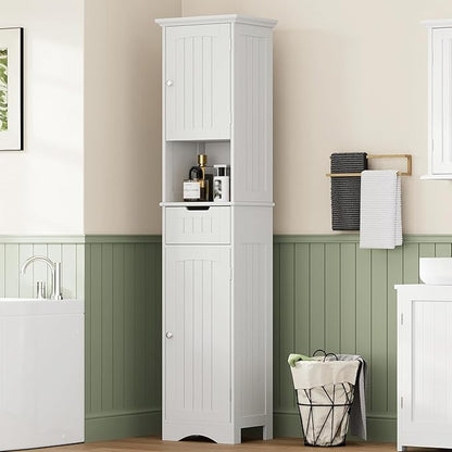 ChooChoo 67" Tall Bathroom Storage Cabinet Freestanding with Adjustable Shelves, Narrow Storage Linen Cabinet with 2 Doors and 1 Drawers for Bathroom, Living Room, Kitchen, White