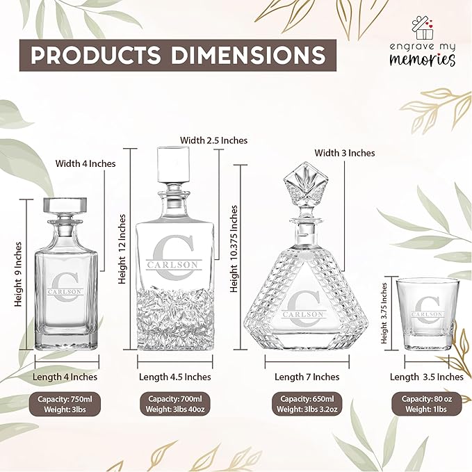 Personalized Square Whiskey Decanter Set for Men 750ml Luxury Gift for Valentine's, Birthdays, Anniversaries - Liquor Decanters with 2 or 4 Glasses Retirement, Weddings - 24 Engraved Design Options