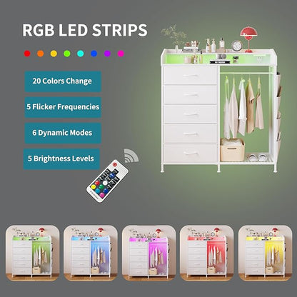 LUMTOK Modern 5 Dresser with LED Hanging Rack, Dresser with Clothes Rack, Hanger Rack, and Storage Drawers, Drawer Dressers with Coat Racks for Bedroom Living Room, Entryway, Closets (White)