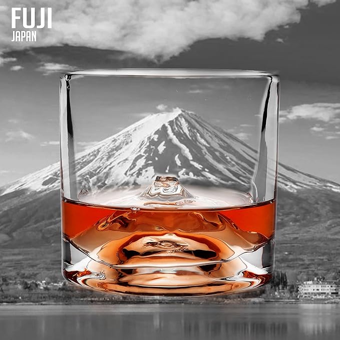 Mount Fuji Heavy Crystal Whiskey Glasses Gift Set of 2, Thick Freezable Bourbon Glass 1lb Each, Premium Whiskey Gifts for Men, Frozen Crystal Chills Cocktails, 10 oz