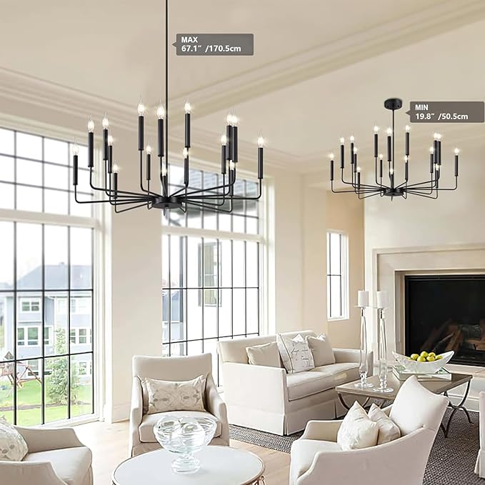 Modern Black Farmhouse Chandeliers, 16-Light Industrial Metal Chandelier Lighting, Classic Candle Hanging Pendant Light Fixtures for Kitchen Island, Living Room, Dining Room, Stair