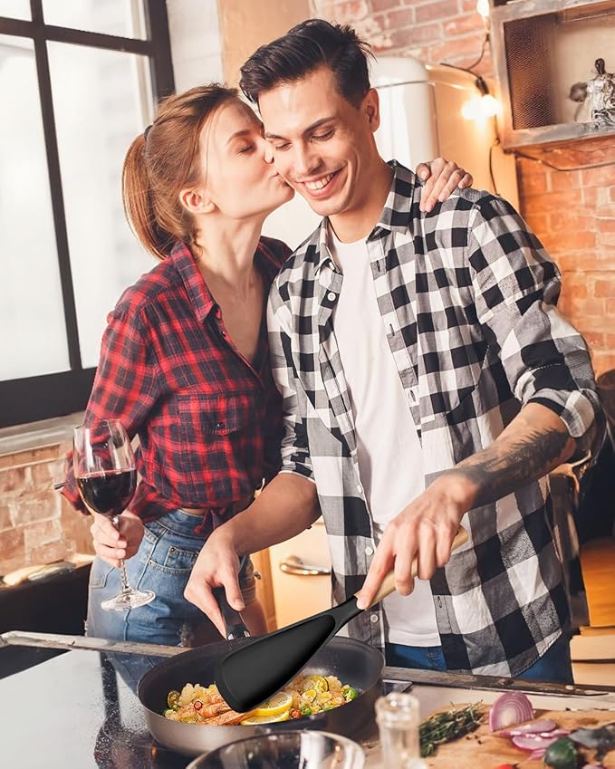 Multifunction Spatula Spoon for Nonstick Cookwares, Great for Cooking and Serving, Sturdy BPA-Free Matte Silicone, Wood Handle Spatula for Mixing, Scoop, and Scrape, Black(2 pack,11.4" & 13.4")