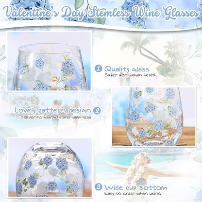 Sliner 2 Pack 17oz Hydrangea Stemless Wine Glasses Spring Summer Floral Drinking Glasses Hydrangea Tumbler Cups for Spring Summer Parties Supplies Birthday Gift