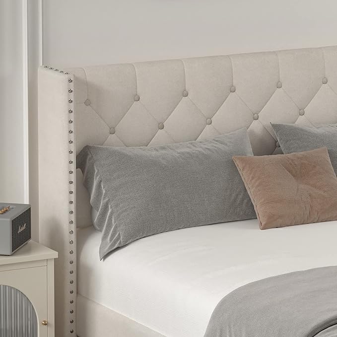 King Size Bed Frame with LED Lights, Upholstered Bed Frame with Wingback Diamond Tufted Headboard, Wood Slats Support, Noise-Free, Easy Assembly, No Box Spring Needed, Beige