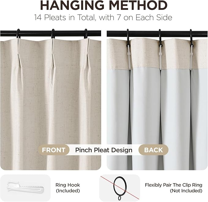 Joydeco 100% Blackout Pleated Curtains, Linen Window Curtains 2 Panel Sets 108 inches Long, Thermal Insulated Darkening Drapes for Bedroom(Ecru,40'' Wx108'' L)