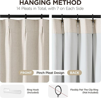 Joydeco Pinch Pleated Linen Curtains for Living Room, 100% Blackout Darkening Curtains 72 inches Length 2 Panel Thermal Insulated Pinch Pleat Drapes(Ecru,40'' Wx72'' L)