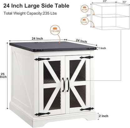 JXQTLINGMU Farmhouse End Table, 24" Large Sofa Side Table with Charging Station, Mesh Barn Door, and Adjustable Storage Shelf, Rustic Wood Square Nightstand for Living Room, Bedroom, Office, White