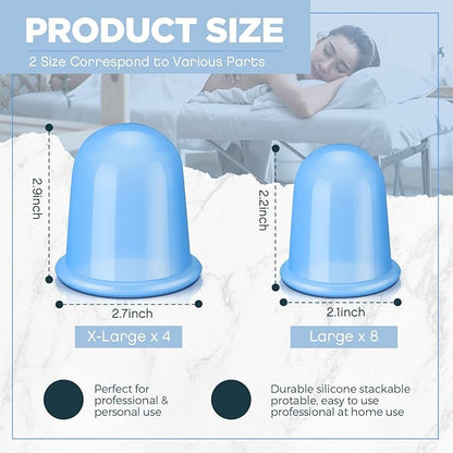 TrelaCo 12 Pcs 2 Size Cupping Therapy Set Silicone Anti Cellulite Cupping Kit for Massage Therapy Cupping Therapy Set Vacuum Suction Cup for Arthritis Relief, Pain Reduction Adults Home Use(Blue)