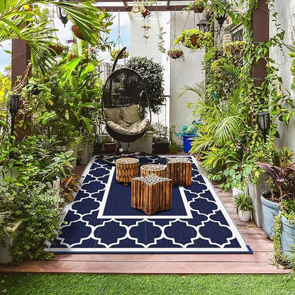 GENIMO Outdoor Rug Waterproof for Patio Decor, 8'x10' Reversible Plastic Straw Rug Carpet, Camping Mats for Outdoor, RV, Backyard, Deck, Balcony, Picnic, Blue & White