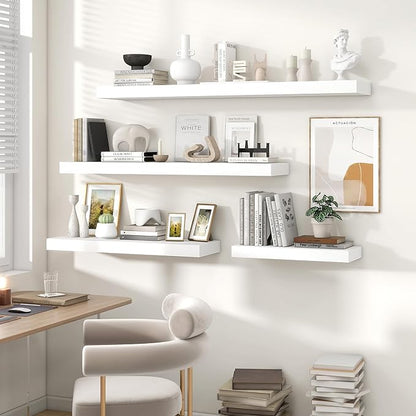 Heimlove 48" White Floating Shelves for Wall,10 Deep Rustic Wood Display & Storage Wall Shelves with Heavy Duty Brackets for Bathroom,Bedroom,Kitchen,Living Room,Office,Set of 2
