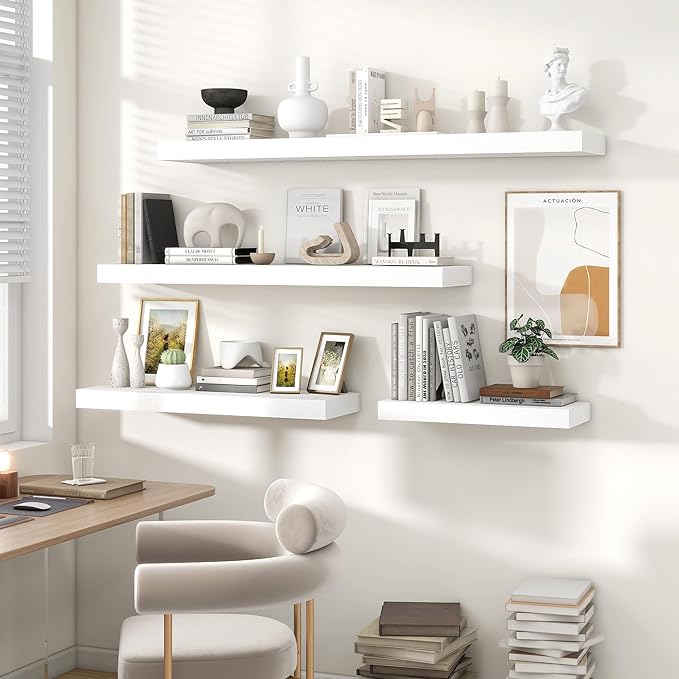 Heimlove 55 Inch Floating Shelves for Wall,10 Deep Large White Wall Shelf with Heavy Duty Brackets,Wall Mounted Storage & Display Shelves for Bedroom,Living Room,Kitchen,Office