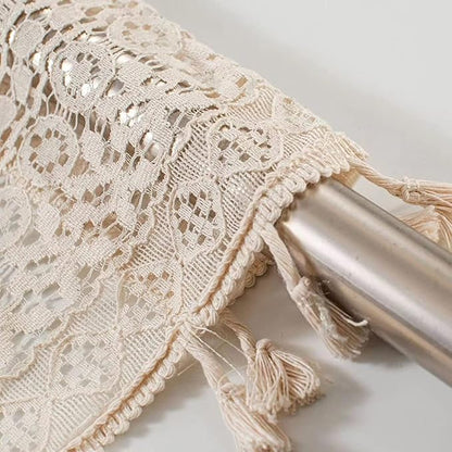 Sutuo Home Boho Sheer Curtain Valance Tier Crochet Lace with Bohemian Hollow Knitted Handmade Tassels, Short Farmhouse Window Treatment for Kitchen Cafe, Rod Pocket, 1 Panel 59" W x 36" L, Beige